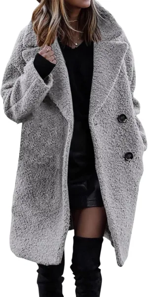 Womens Faux Fur Coat Winter Warm Fuzzy Fleece Long Jackets Oversized Lapel Button Open Front Cardigan Coats
