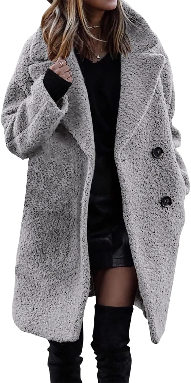 Womens Faux Fur Coat Winter Warm Fuzzy Fleece Long Jackets Oversized Lapel Button Open Front Cardigan Coats