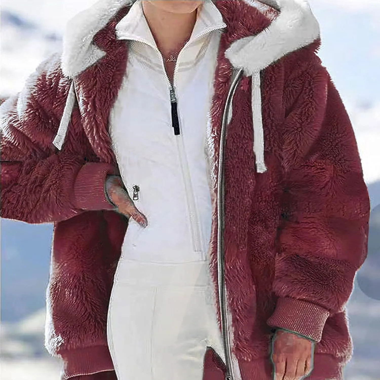 Womens Fleece Jackets Casual Fall Winter Coats Thick Shaggy Fuzzy Zip Up Hoodies Solid Warm Outwear with Pockets