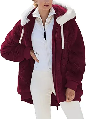 Womens Fleece Jackets Casual Fall Winter Coats Thick Shaggy Fuzzy Zip Up Hoodies Solid Warm Outwear with Pockets