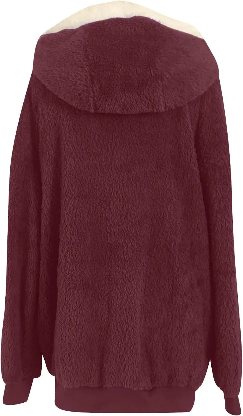 Womens Fleece Jackets Casual Fall Winter Coats Thick Shaggy Fuzzy Zip Up Hoodies Solid Warm Outwear with Pockets