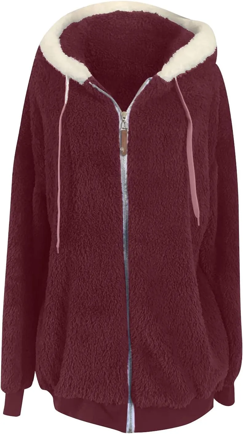 Womens Fleece Jackets Casual Fall Winter Coats Thick Shaggy Fuzzy Zip Up Hoodies Solid Warm Outwear with Pockets