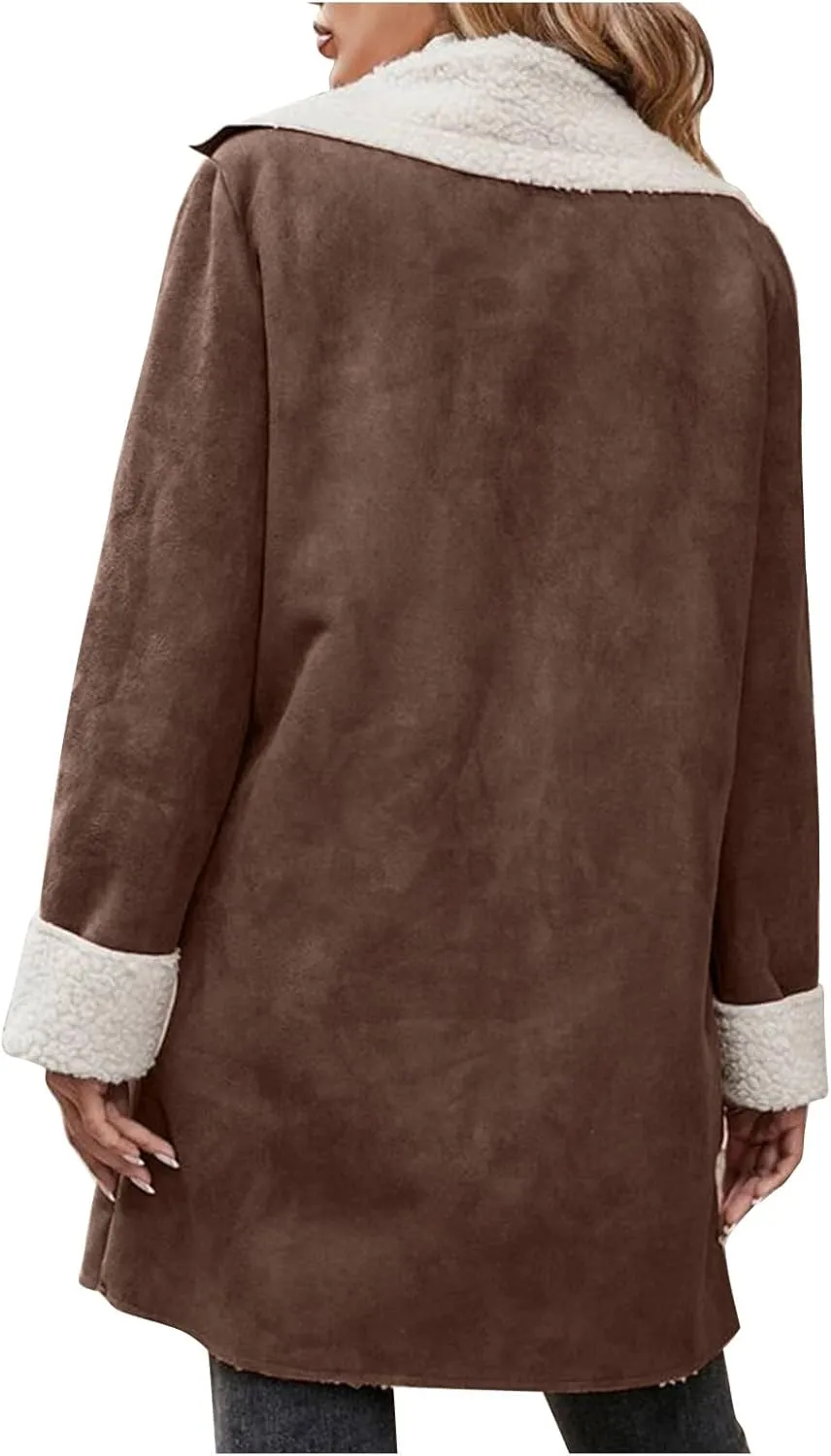 Womens Fleece Sherpa Lined Jackets Lapel Oversized Winter Coats Fuzzy Soft Overcoat Casual Pea Trench Coats Outerwear