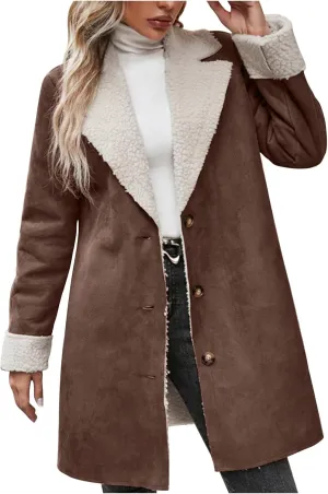 Womens Fleece Sherpa Lined Jackets Lapel Oversized Winter Coats Fuzzy Soft Overcoat Casual Pea Trench Coats Outerwear