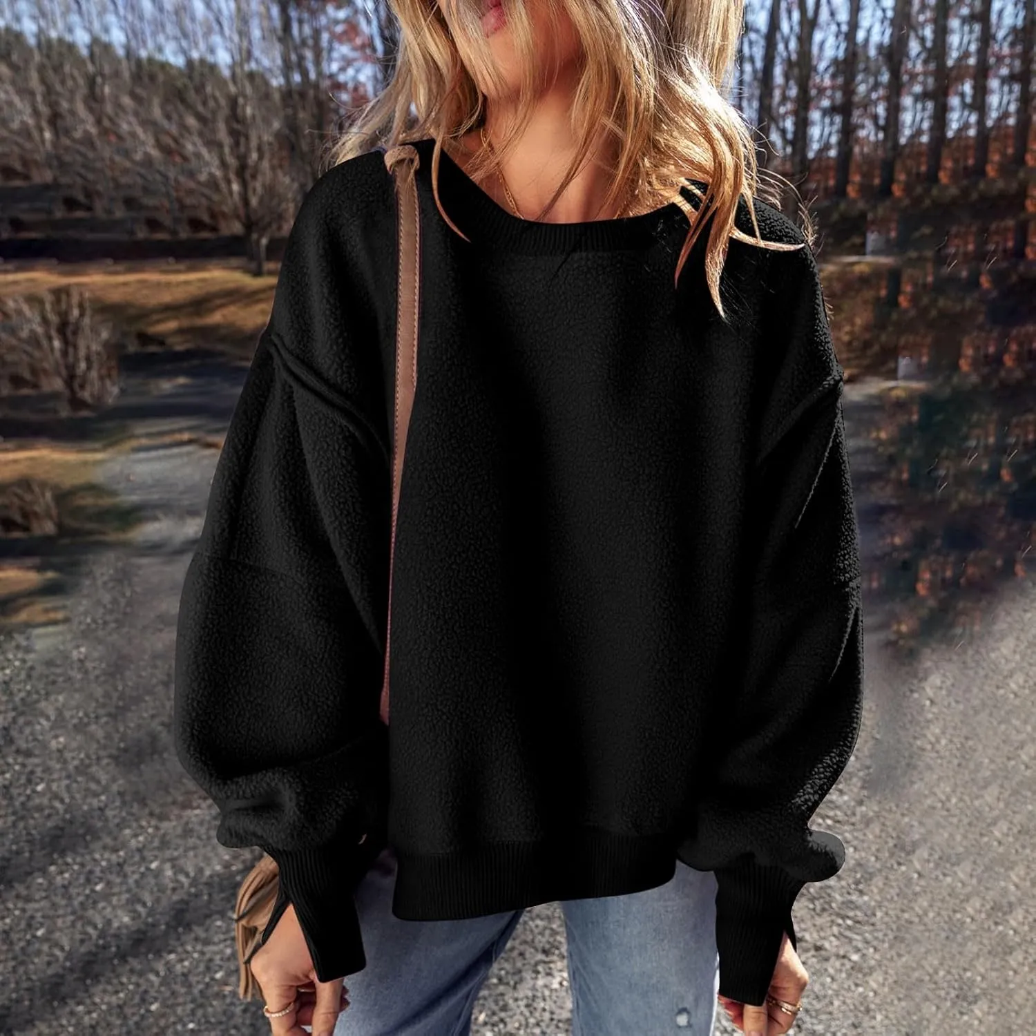 Women's Fleece Sweatshirt Winter Casual Fuzzy Warm Sweatshirt Long Sleeve Patchwork Sherpa Pullover Tops
