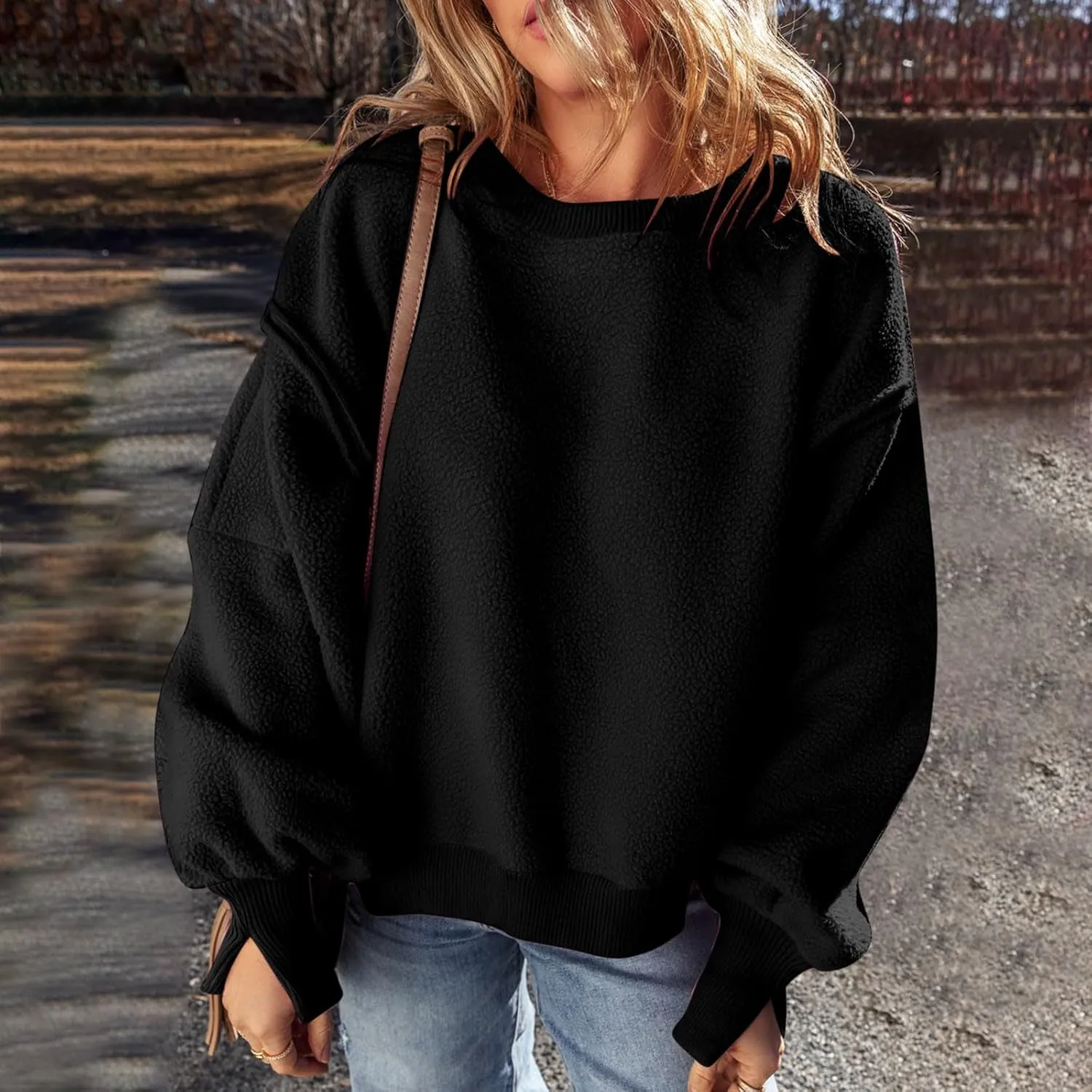 Women's Fleece Sweatshirt Winter Casual Fuzzy Warm Sweatshirt Long Sleeve Patchwork Sherpa Pullover Tops