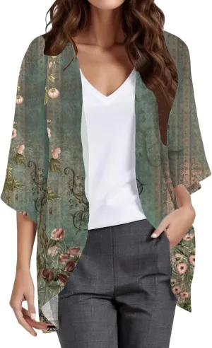 Womens Floral Print 3/4 Sleeve Cardigan Loose Cover Up Casual Beach Blouse Tops Lightweight Open Front Cardigans