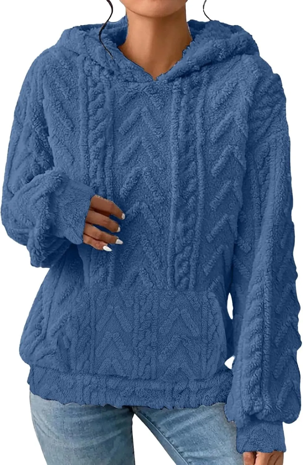 Womens Fuzzy Sherpa Pullover Hoodie Sweatshirts Long Sleeve Sport Front Pocket Sweaters Fall Outwear Winter Hooded