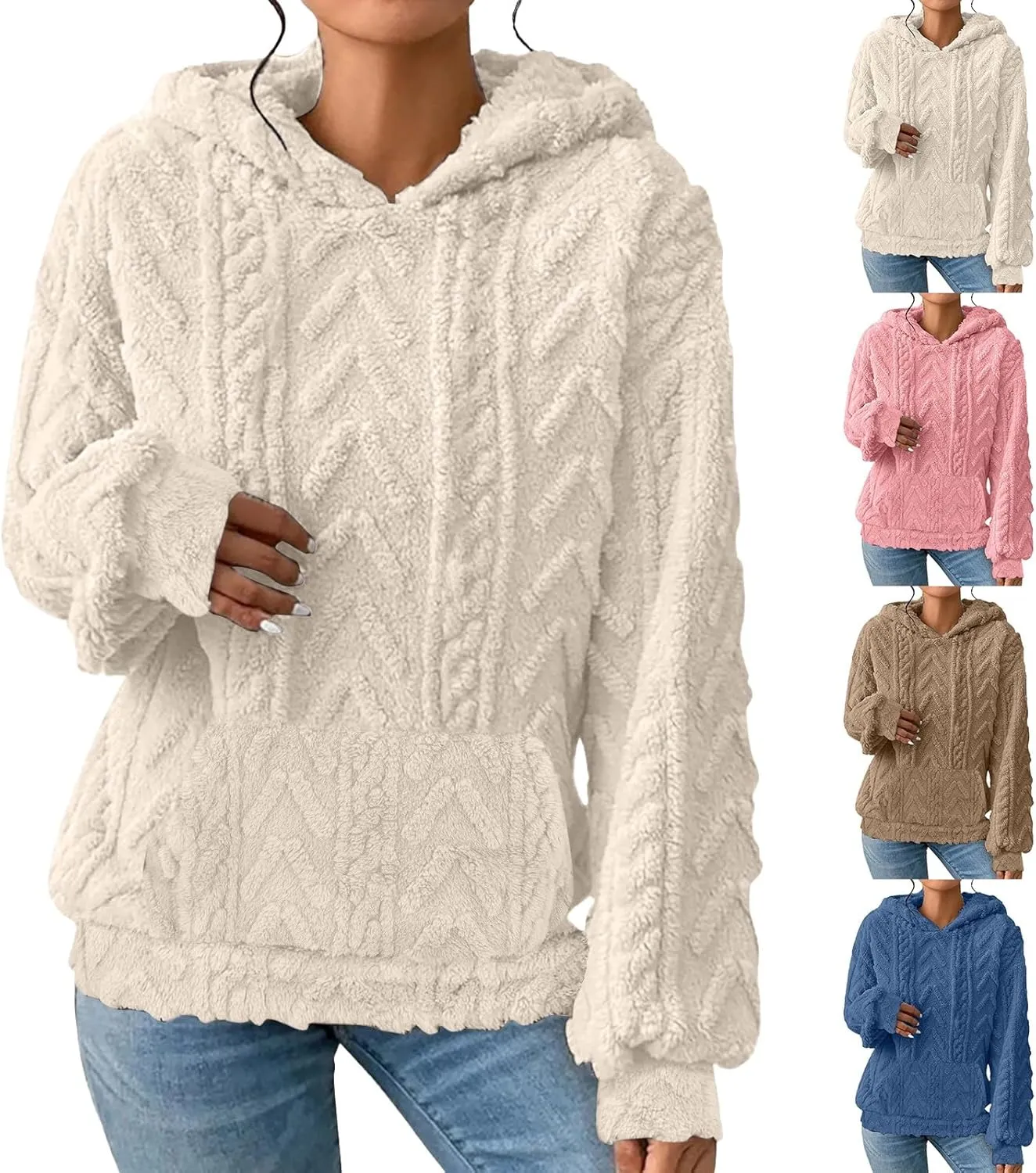 Womens Fuzzy Sherpa Pullover Hoodie Sweatshirts Long Sleeve Sport Front Pocket Sweaters Fall Outwear Winter Hooded