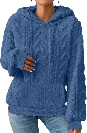 Womens Fuzzy Sherpa Pullover Hoodie Sweatshirts Long Sleeve Sport Front Pocket Sweaters Fall Outwear Winter Hooded