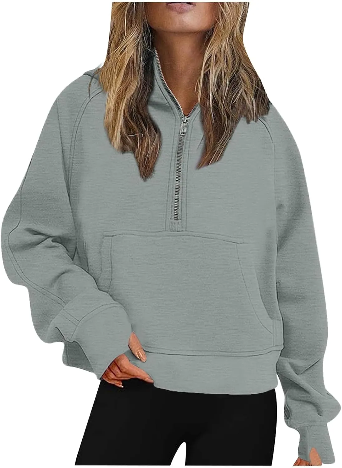 Womens Half Zip Cropped Pullover Tops Fleece Lined Hoodies Long Sleeve Hooded Sweatshirts with Pocket Fall Outfits