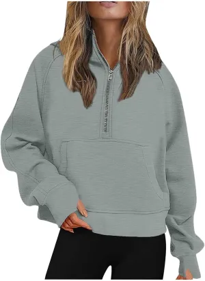 Womens Half Zip Cropped Pullover Tops Fleece Lined Hoodies Long Sleeve Hooded Sweatshirts with Pocket Fall Outfits