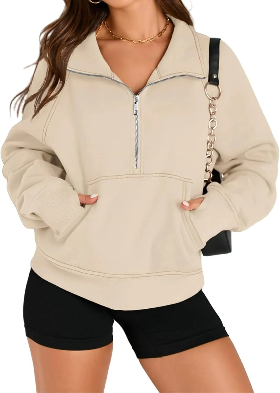 Womens Half Zip Pullover Fleece Cropped Sweatshirt Casual Solid Hoodies with Pockets Thumb Hole