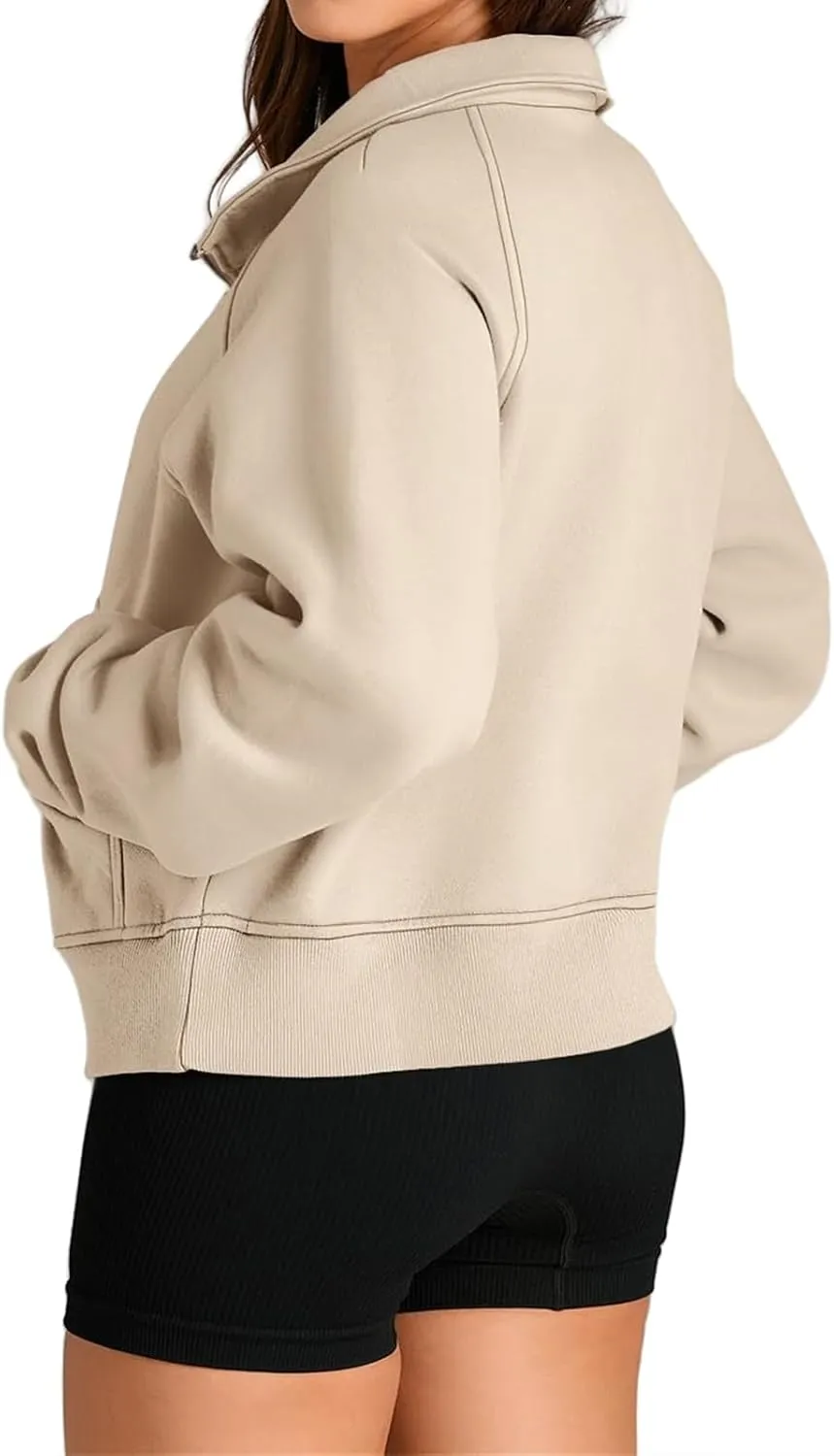 Womens Half Zip Pullover Fleece Cropped Sweatshirt Casual Solid Hoodies with Pockets Thumb Hole