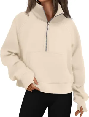 Womens Half Zip Pullover Fleece Cropped Sweatshirt Casual Solid Hoodies with Pockets Thumb Hole