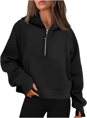 Womens Half Zip Sweatshirts Cropped Long Sleeve Hoodies Oversized Fleece Quarter Zip Up Pullover Tops with Thumb Hole