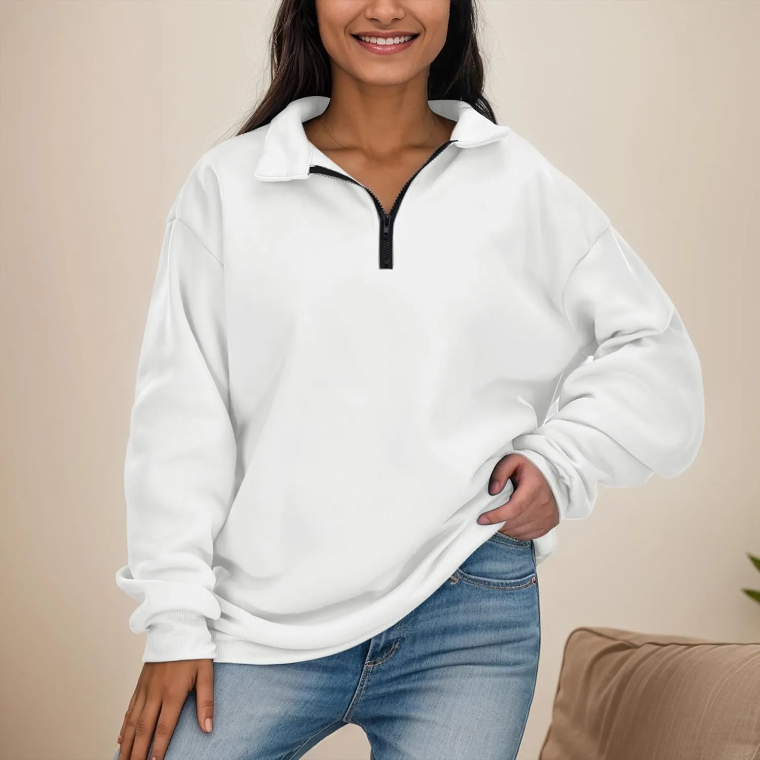 Womens Half Zip Sweatshirts Oversized Plain Trendy Long Sleeve Quarter Zip Pullover Hoodies 2024 Fall Outfits