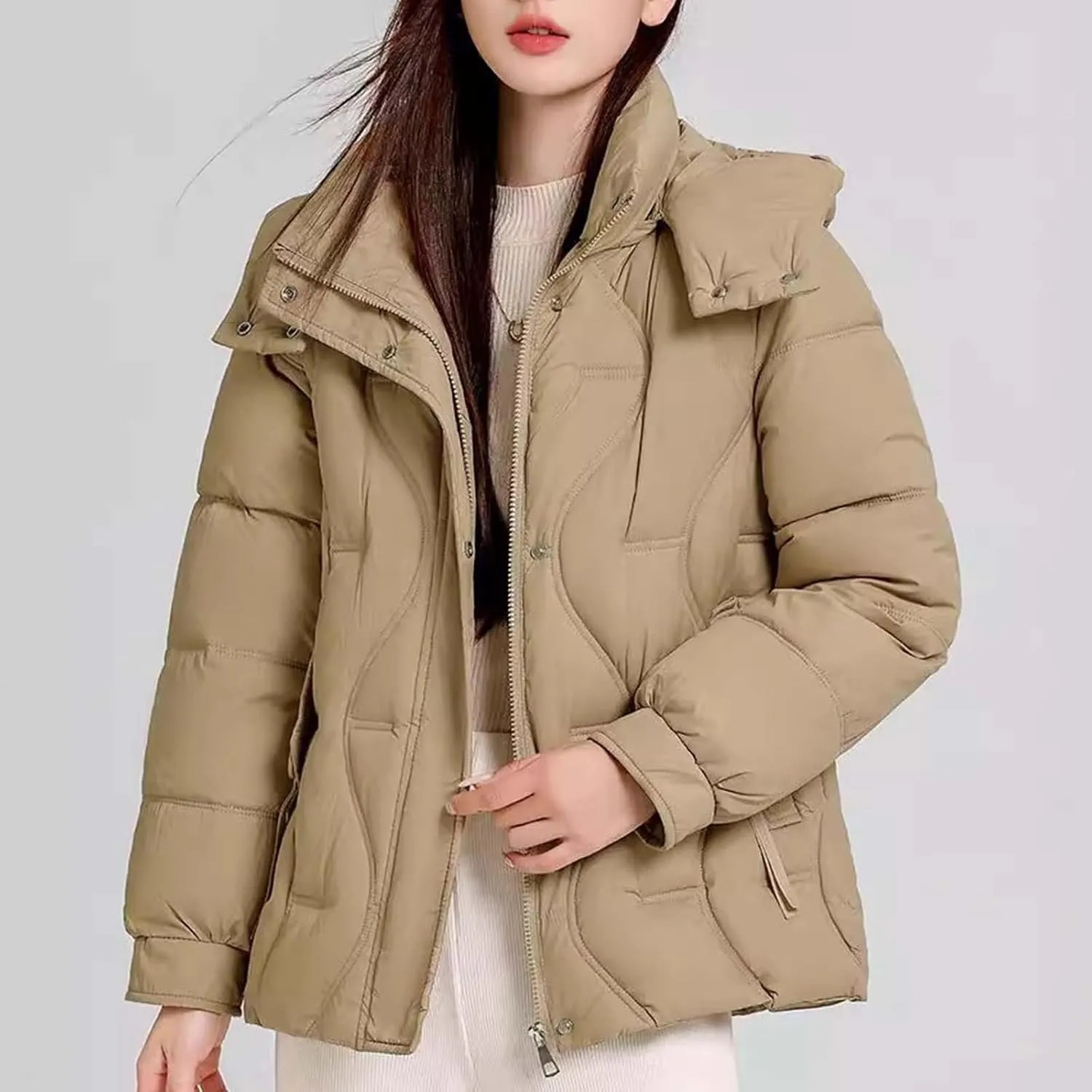 Women's Hooded Puffer Jacket Plus Size Lightweight Zip Up Quilted Down Jacket Winter Warm Puffer Outwear with Pockets