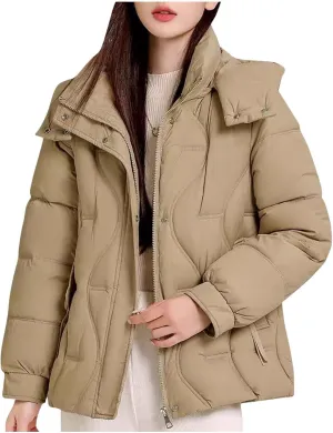 Women's Hooded Puffer Jacket Plus Size Lightweight Zip Up Quilted Down Jacket Winter Warm Puffer Outwear with Pockets
