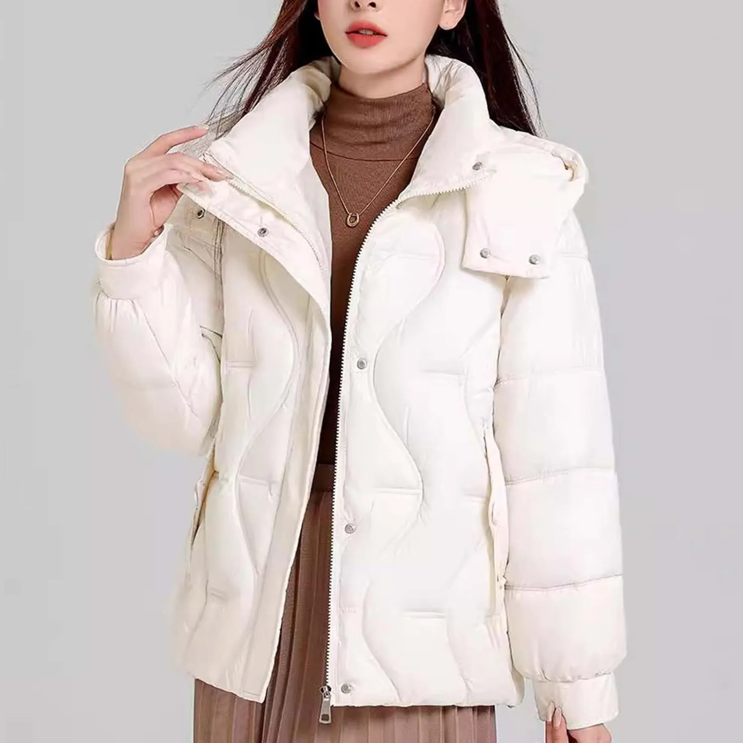 Women's Hooded Puffer Jacket Plus Size Lightweight Zip Up Quilted Down Jacket Winter Warm Puffer Outwear with Pockets