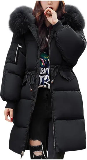 Women's Hooded Thickened Winter Warm Down Coats Faux Fur Long Coat Puffer Jacket Zipper Cozy Waterproof Parka Coat
