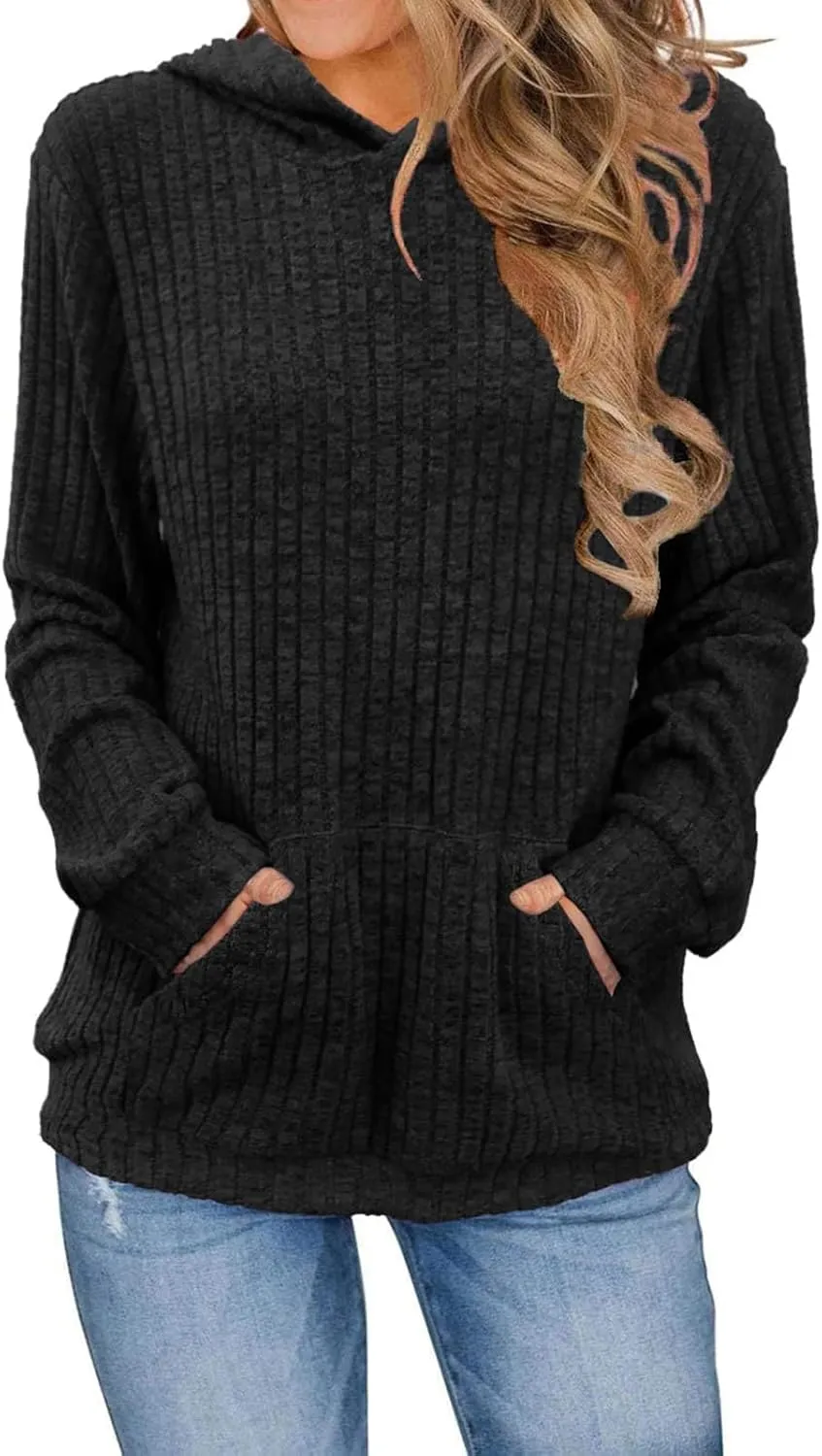 Womens Hoodies Long Sleeve Textured Knit Tops Lightweight Loose Fit Sweatshirt Casual Shirts with Kangaroo Pocket