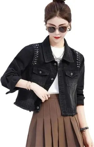 Women's Jeans Coats Crop Short Sequin Studded Denim Streetwear Jackets