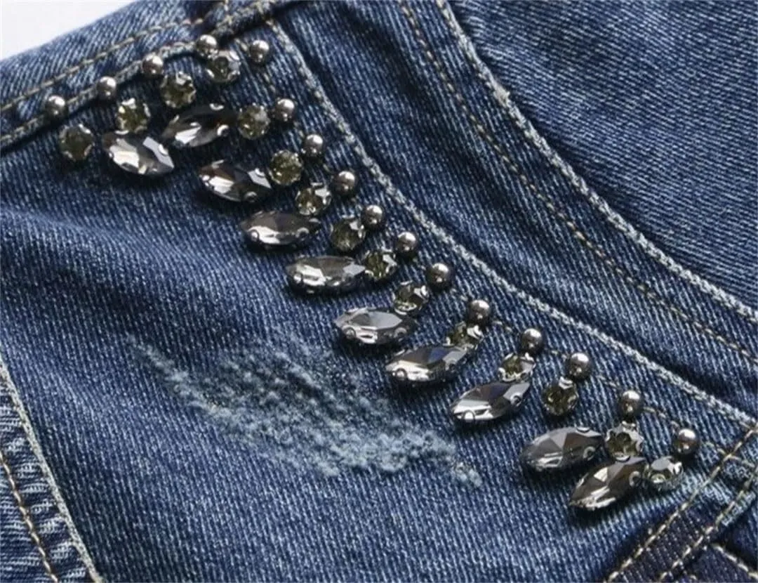 Women's Jeans Coats Crop Short Sequin Studded Denim Streetwear Jackets