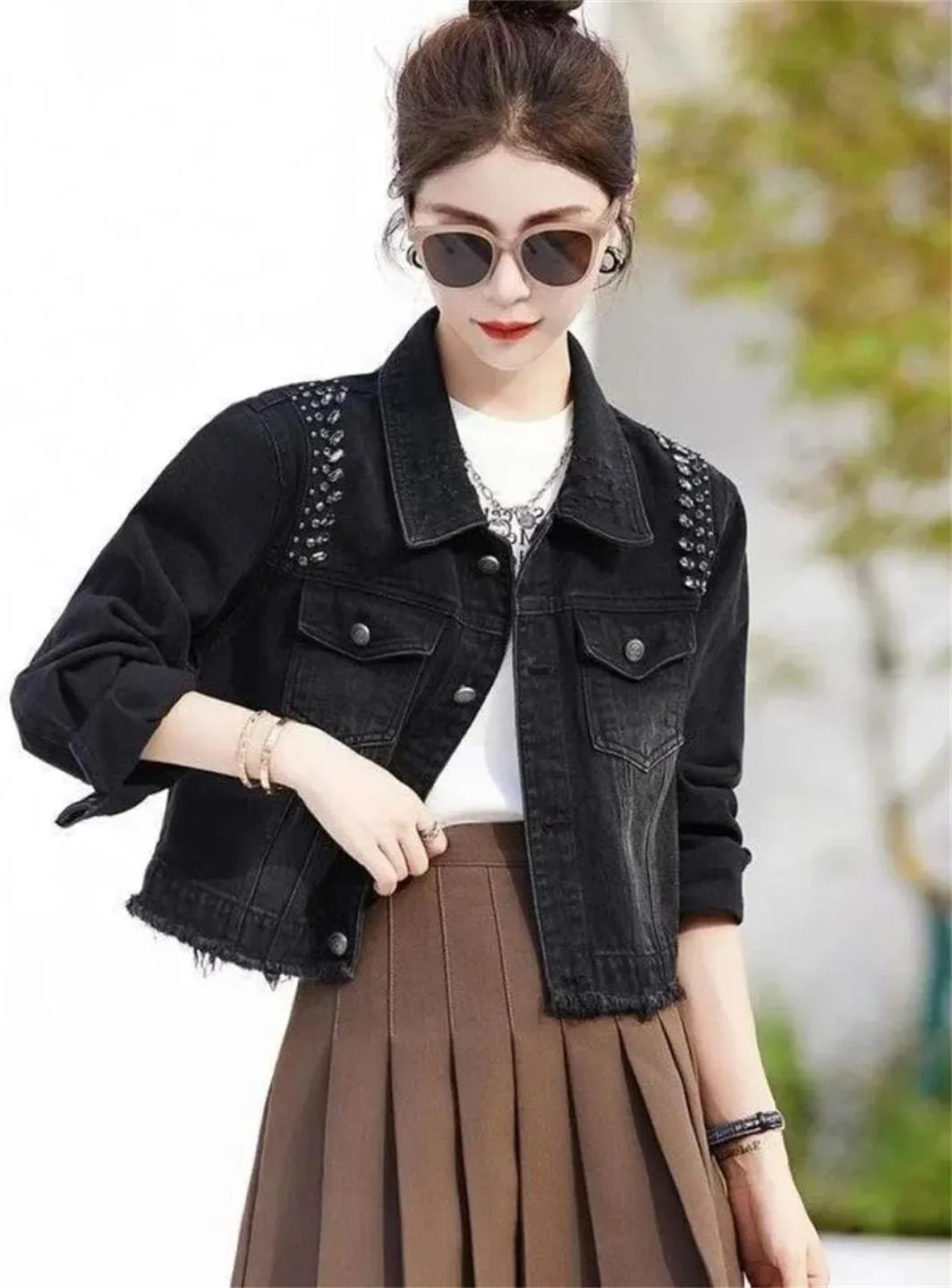 Women's Jeans Coats Crop Short Sequin Studded Denim Streetwear Jackets