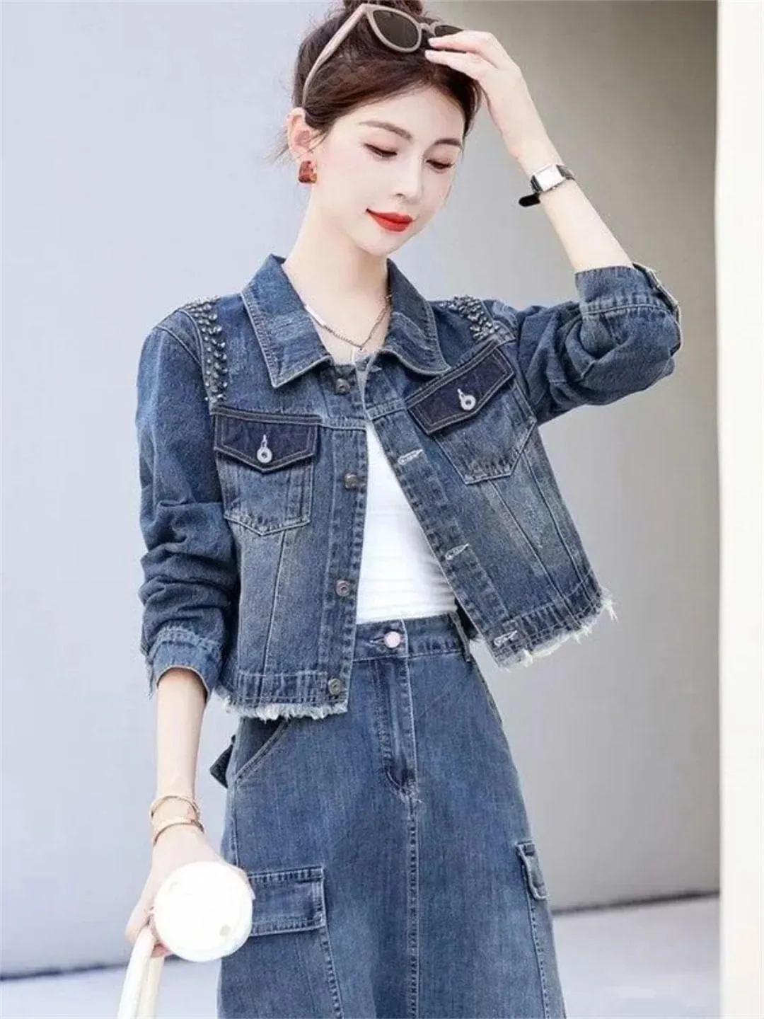 Women's Jeans Coats Crop Short Sequin Studded Denim Streetwear Jackets