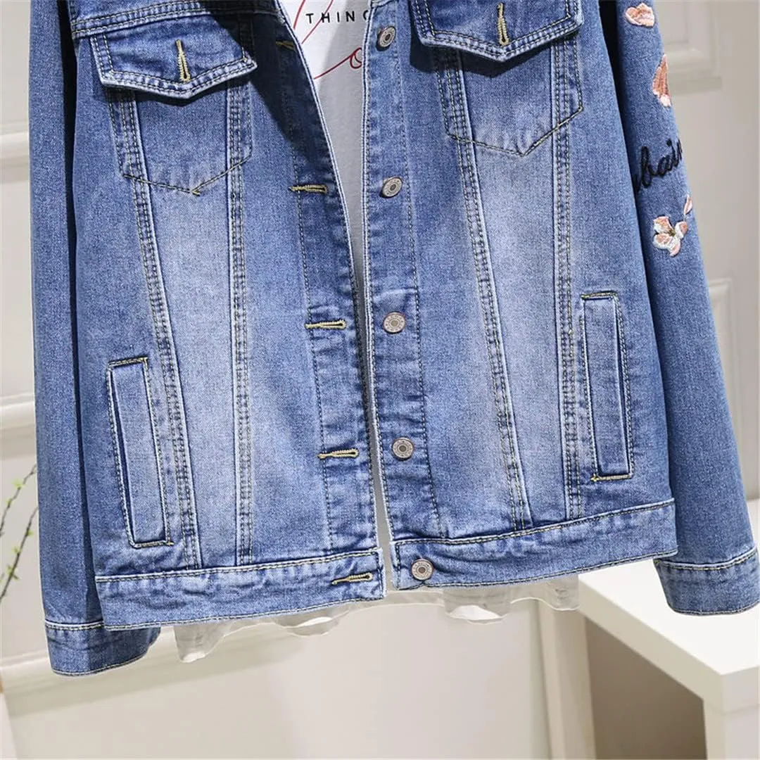 Women's Jeans Jackets Spring Autumn Single Breasted Embroidery Denim Coat