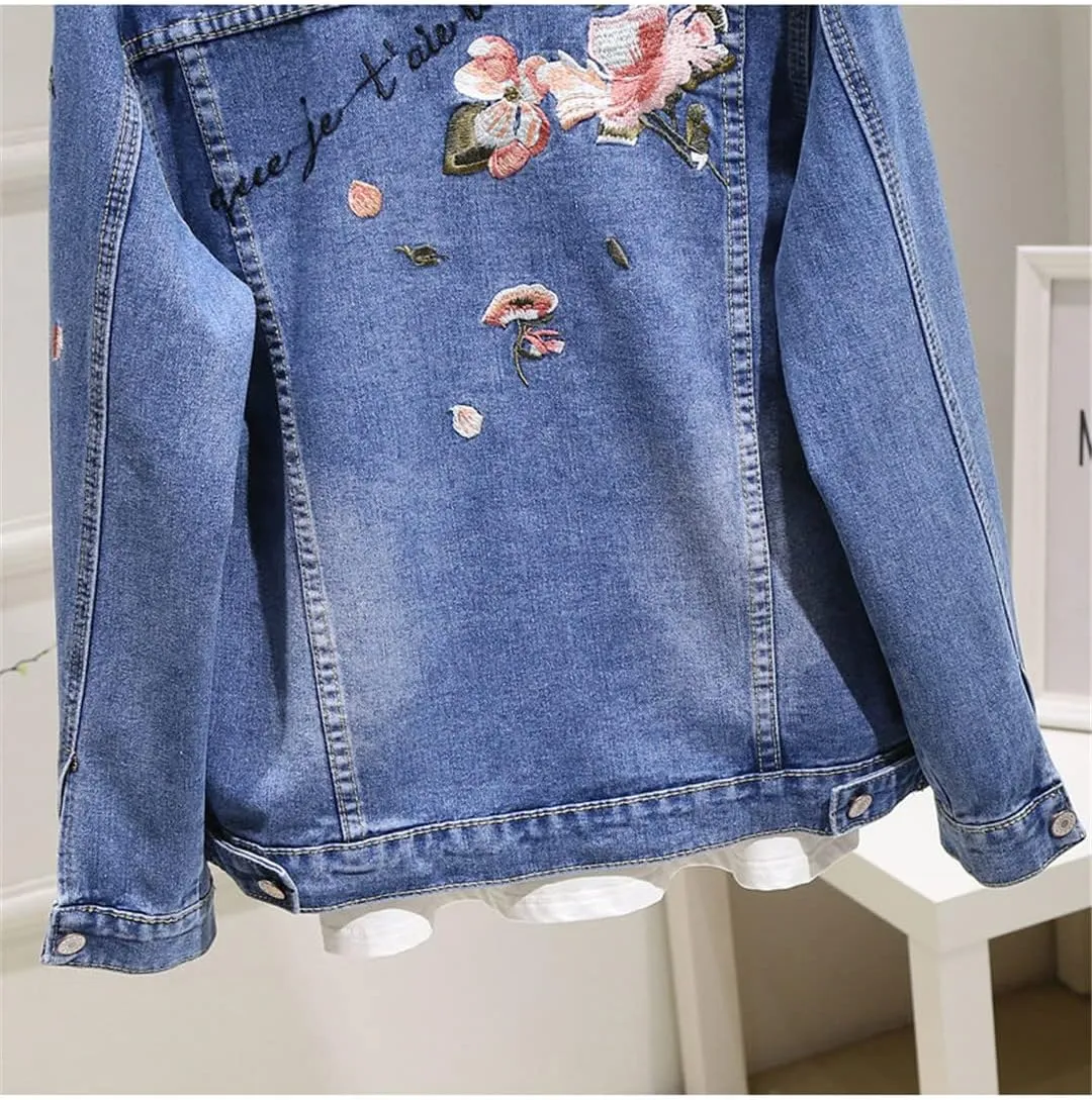 Women's Jeans Jackets Spring Autumn Single Breasted Embroidery Denim Coat