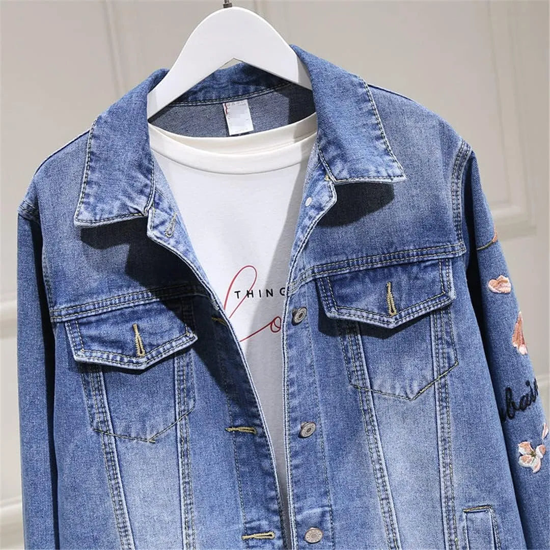 Women's Jeans Jackets Spring Autumn Single Breasted Embroidery Denim Coat