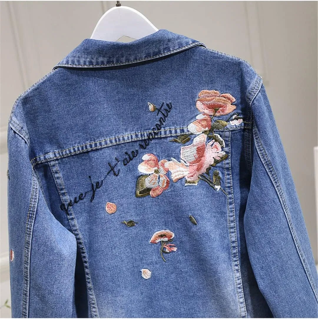 Women's Jeans Jackets Spring Autumn Single Breasted Embroidery Denim Coat