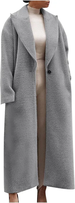 Women's Lapel Long Pea Coats Wool Blend Business Casual Trench Coats Long Sleeve Open Front Button Up Dressy Jackets