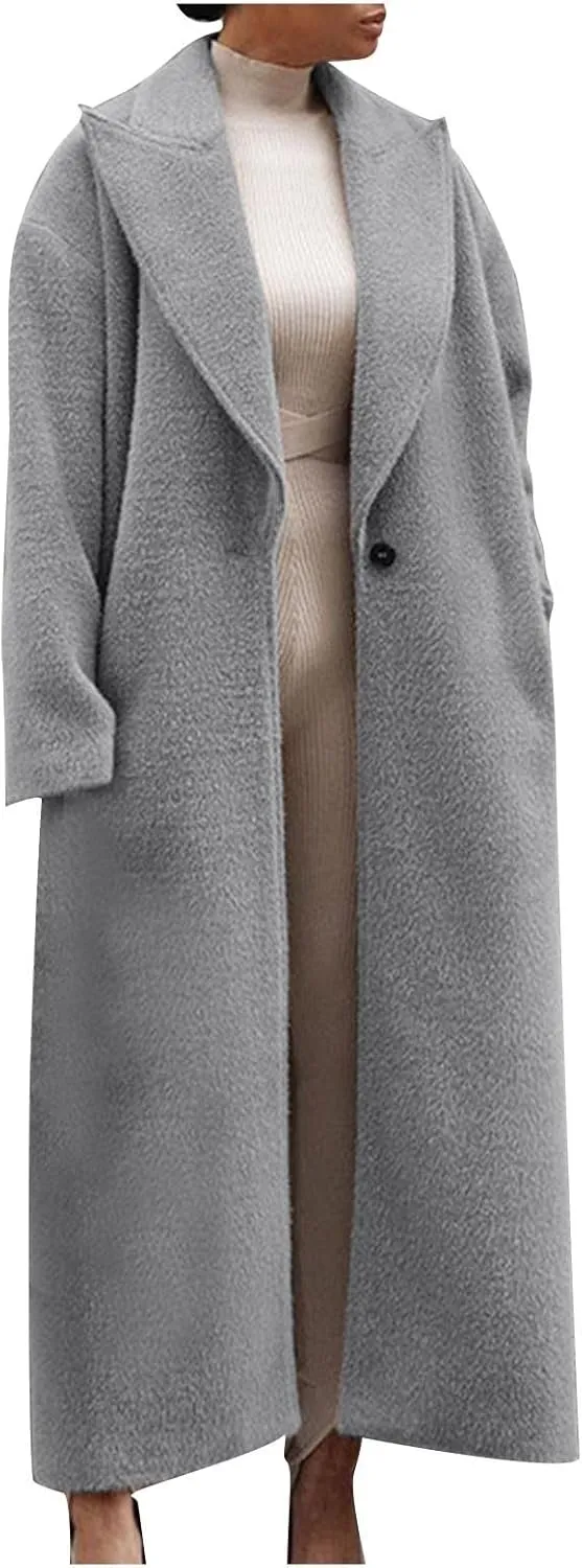 Women's Lapel Long Pea Coats Wool Blend Business Casual Trench Coats Long Sleeve Open Front Button Up Dressy Jackets