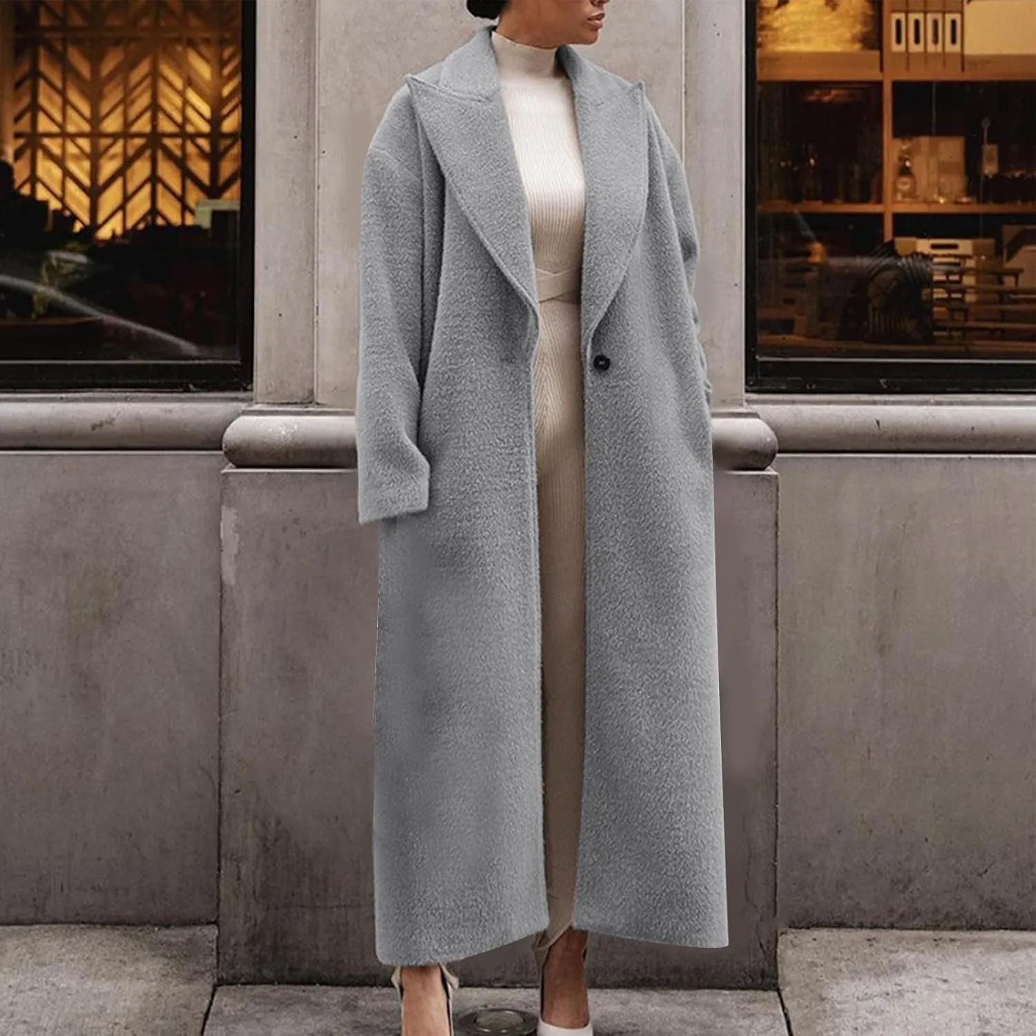 Women's Lapel Long Pea Coats Wool Blend Business Casual Trench Coats Long Sleeve Open Front Button Up Dressy Jackets