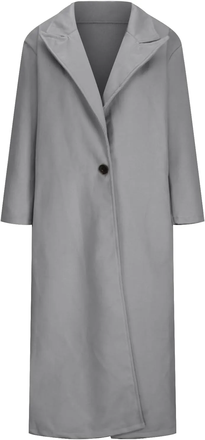 Women's Lapel Long Pea Coats Wool Blend Business Casual Trench Coats Long Sleeve Open Front Button Up Dressy Jackets
