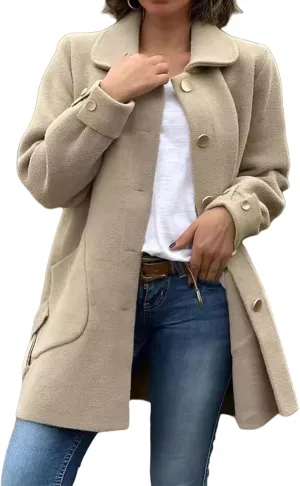 Women's Lapel Single Breasted Pea Coat Long Sleeve Wool Blend Casual Winter Windproof Overcoat