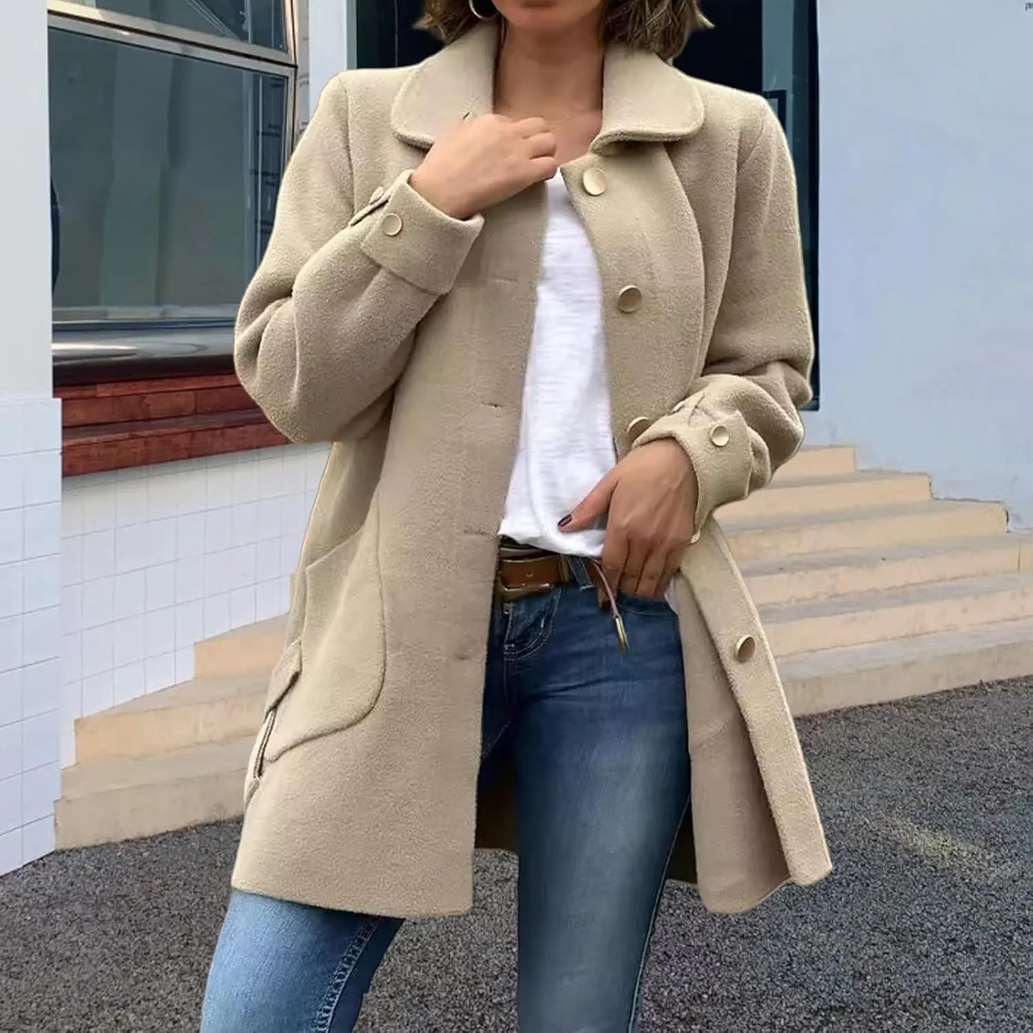 Women's Lapel Single Breasted Pea Coat Long Sleeve Wool Blend Casual Winter Windproof Overcoat
