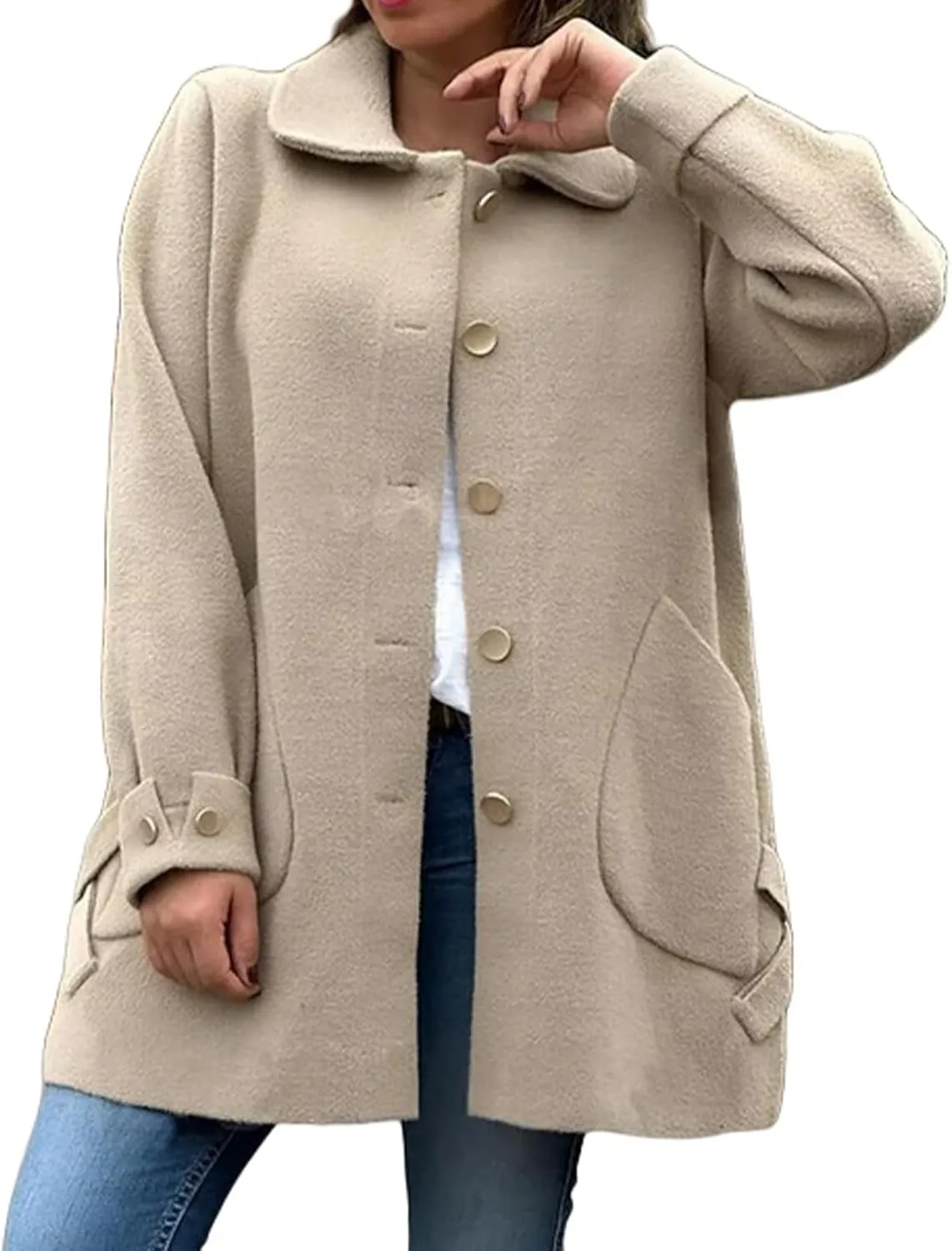 Women's Lapel Single Breasted Pea Coat Long Sleeve Wool Blend Casual Winter Windproof Overcoat