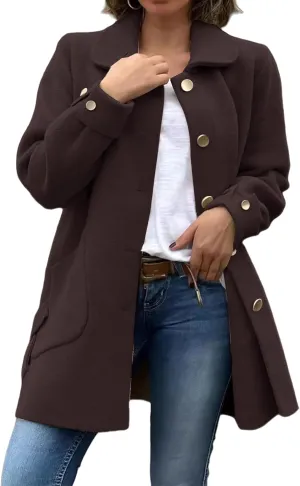 Women's Lapel Single Breasted Pea Coat Long Sleeve Wool Blend Casual Winter Windproof Overcoat