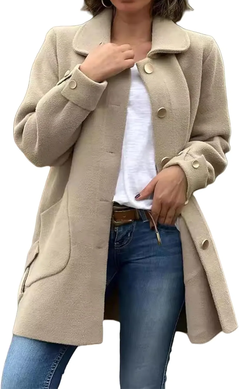 Women's Lapel Single Breasted Pea Coat Long Sleeve Wool Blend Casual Winter Windproof Overcoat