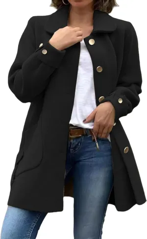 Women's Lapel Single Breasted Pea Coat Long Sleeve Wool Blend Casual Winter Windproof Overcoat