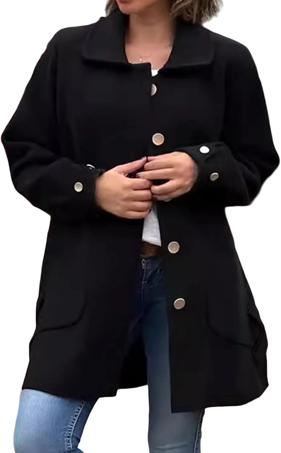 Women's Lapel Single Breasted Pea Coat Long Sleeve Wool Blend Casual Winter Windproof Overcoat