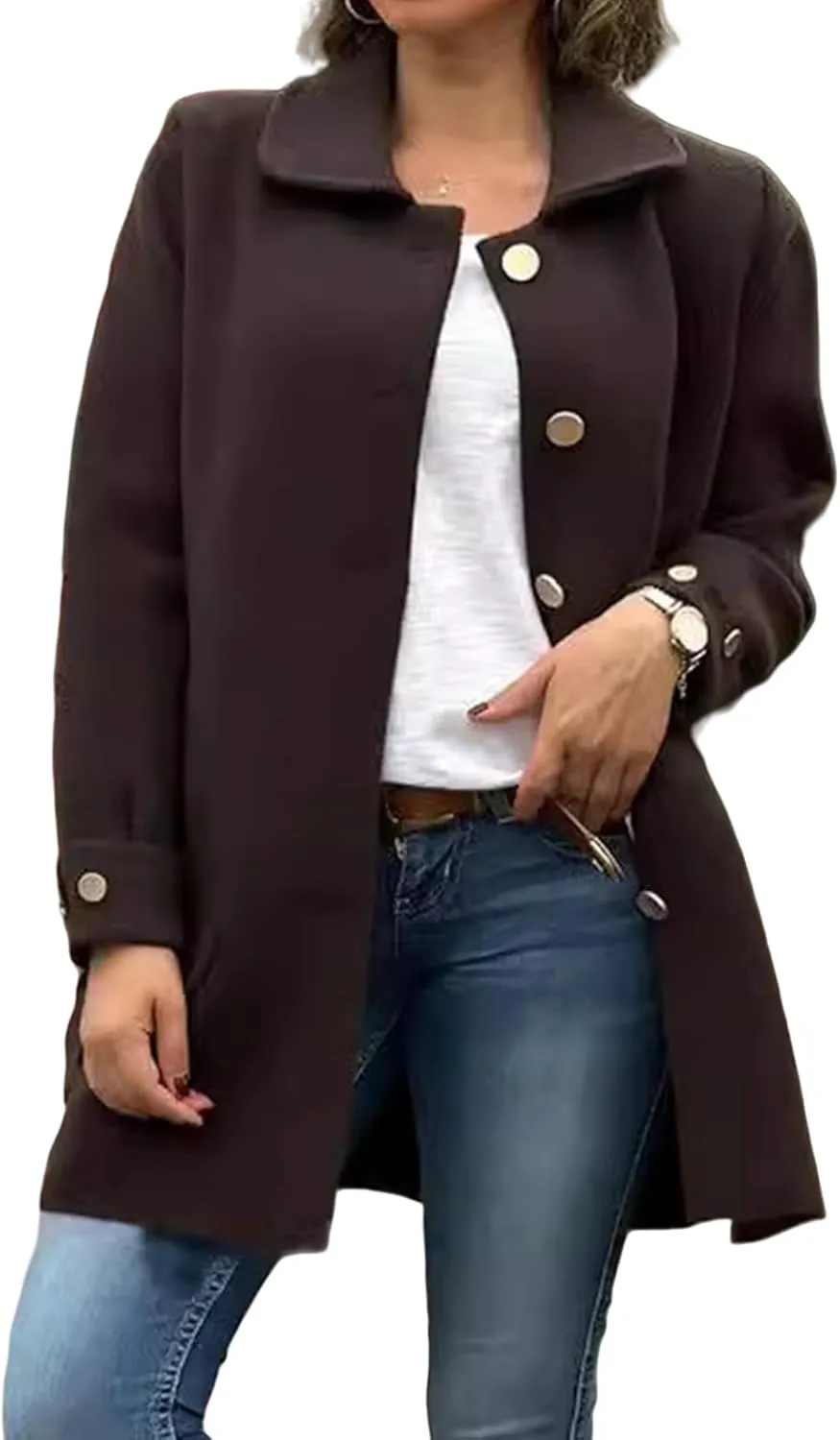 Women's Lapel Single Breasted Pea Coat Long Sleeve Wool Blend Casual Winter Windproof Overcoat