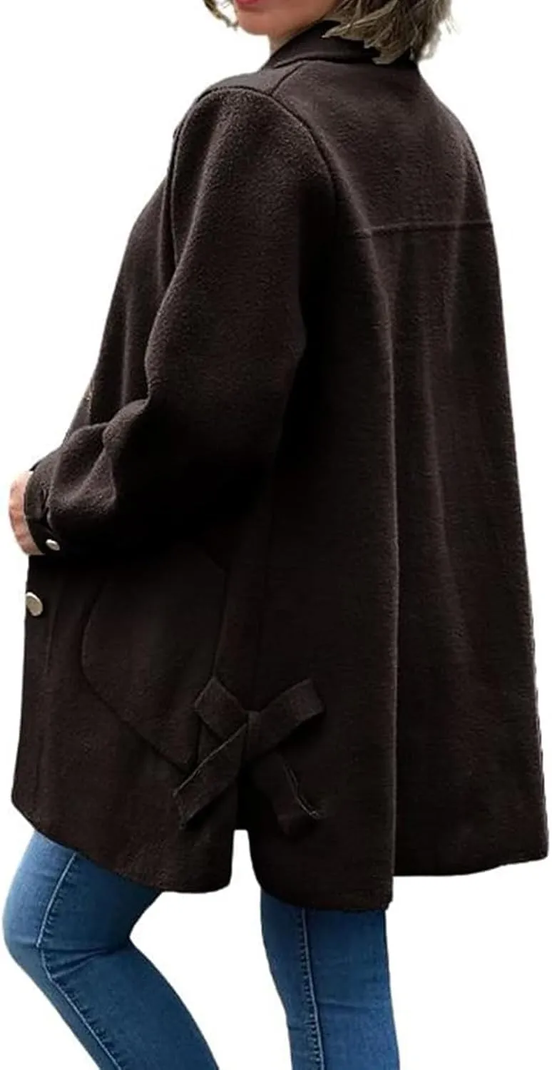 Women's Lapel Single Breasted Pea Coat Long Sleeve Wool Blend Casual Winter Windproof Overcoat