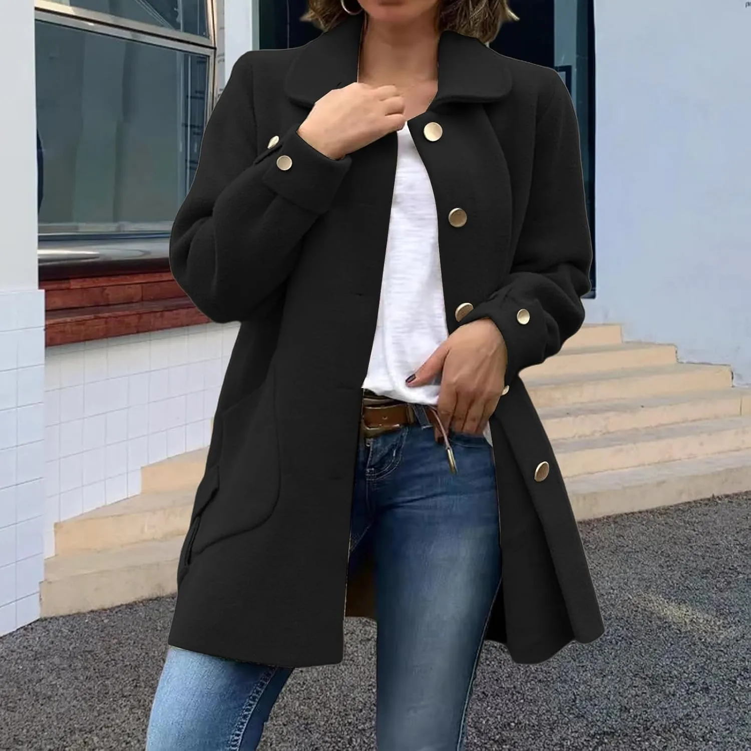 Women's Lapel Single Breasted Pea Coat Long Sleeve Wool Blend Casual Winter Windproof Overcoat