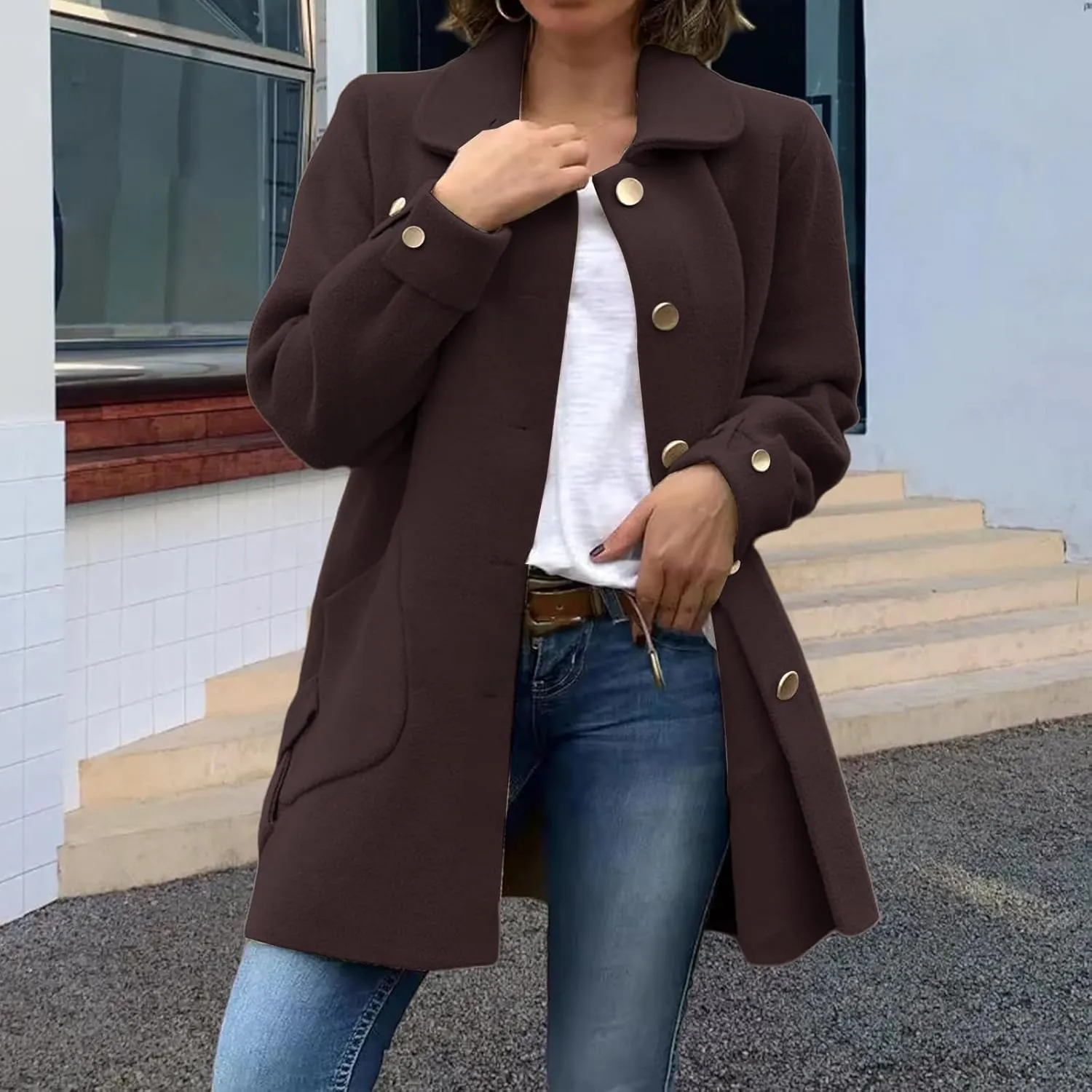 Women's Lapel Single Breasted Pea Coat Long Sleeve Wool Blend Casual Winter Windproof Overcoat