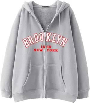 Women's Letter Print Sweatshirts Long Sleeve Zip Up Oversized Hoodie Casual Graphic Sporty Aesthetic Tops with Pockets